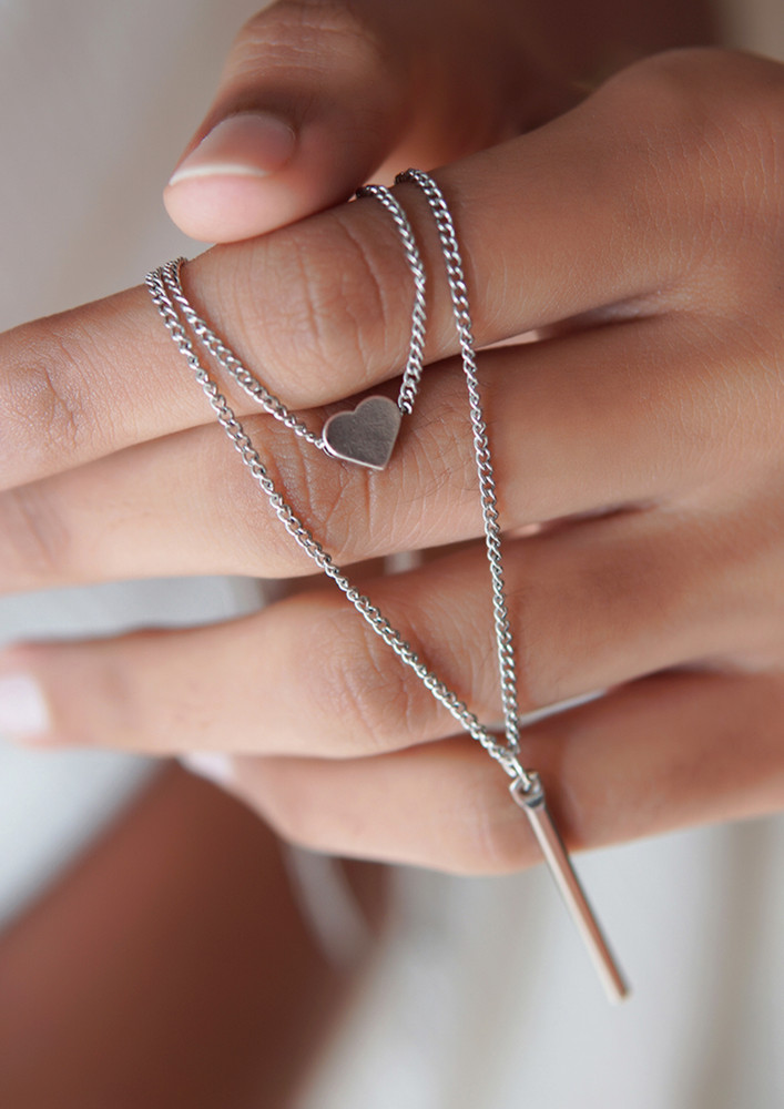 Heart & Bar Pendant Dainty Silver-toned Layered Necklace