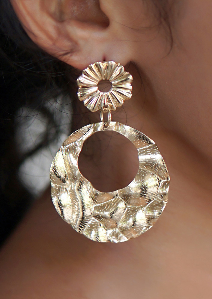 Contemporary Hammered Gold-toned Circular Drop Earrings