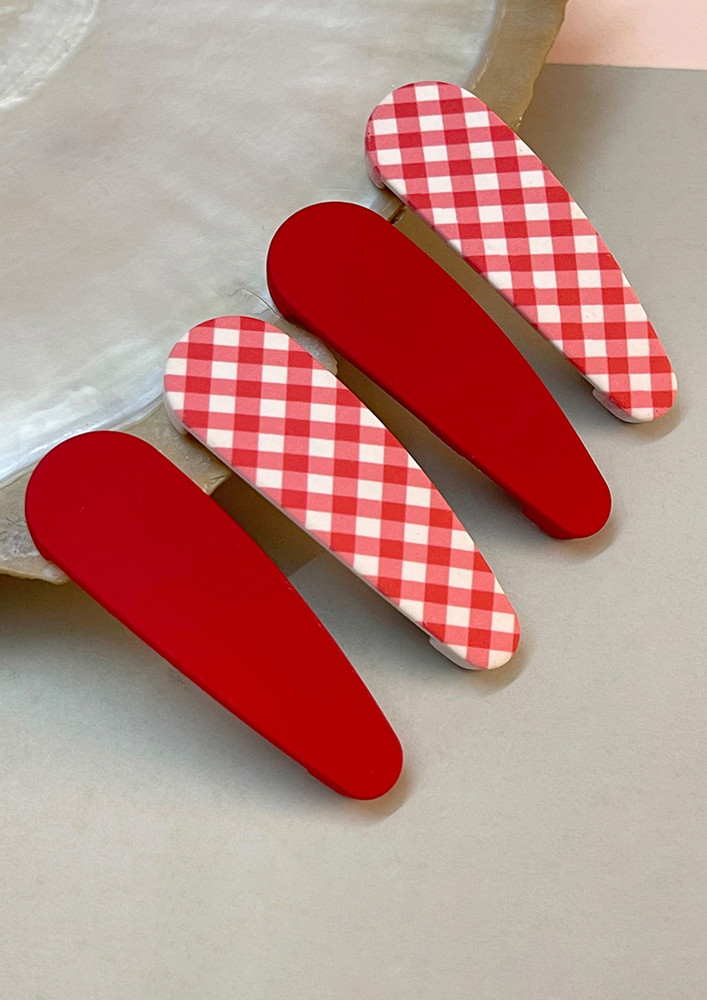 Set Of Four Matte Red & White Plaid Tik Tac Clips