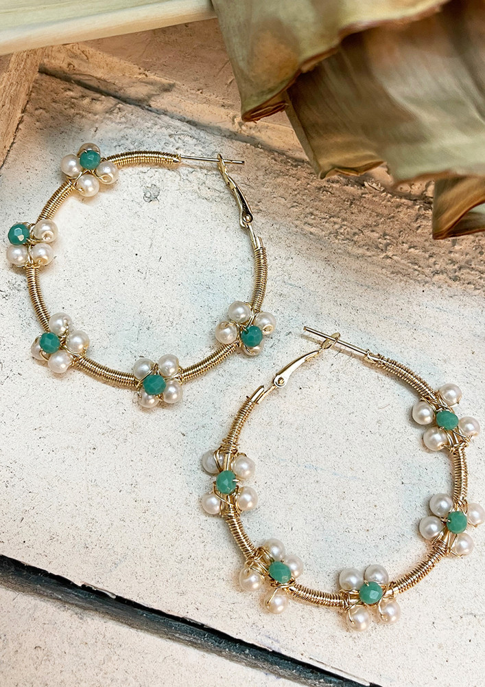 Oversized Green Beads & Pearl Studded Flower Gold-toned Circular Hoop Earrings