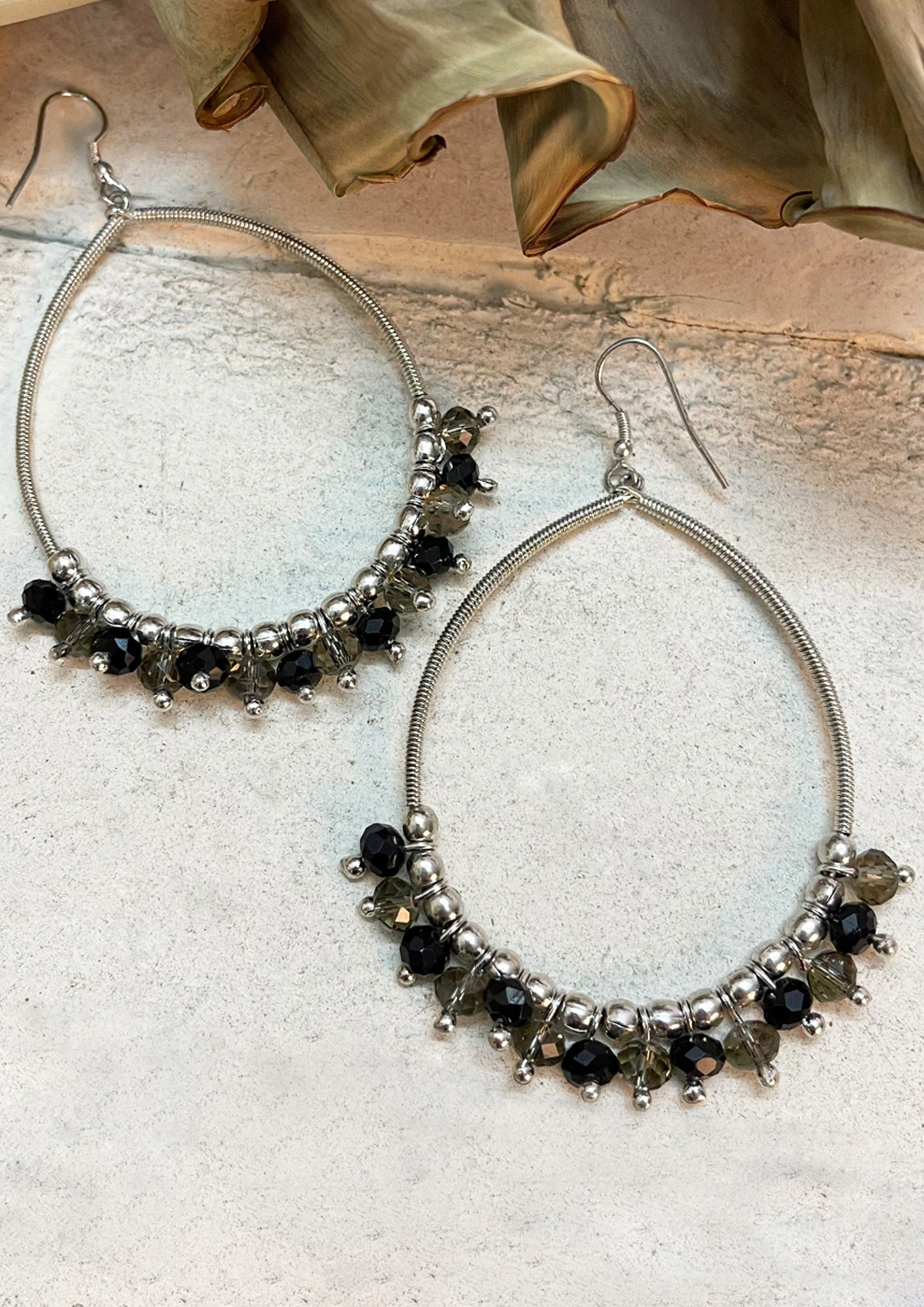 Oversized Black & Grey Beaded Silver-Toned Oval Hoop Hook Earrings
