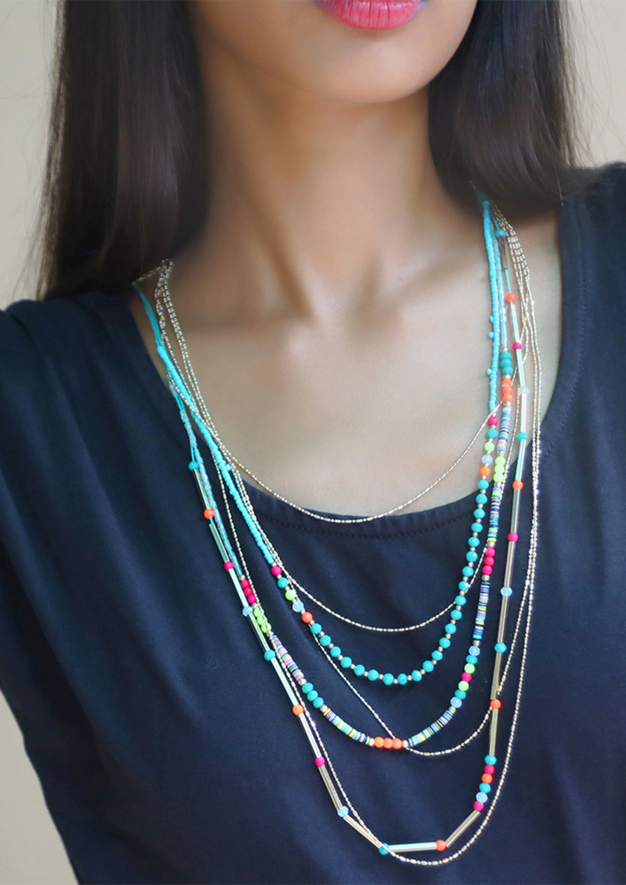 Multicolor Beaded Gold-toned Long Multilayered Necklace