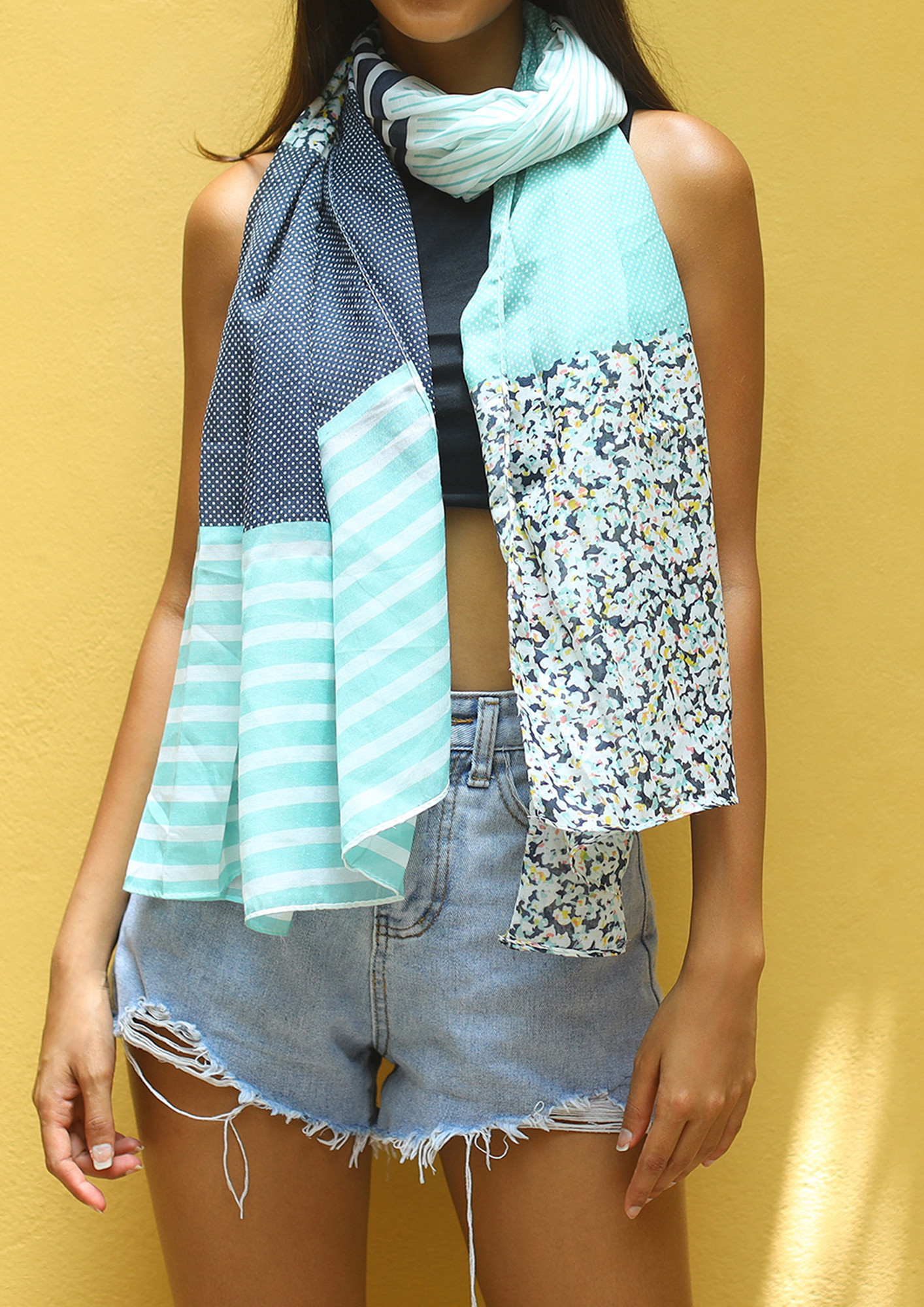 Abstract, Floral & Stripes Printed Blue, Teal & White Poly-Cotton Scarf