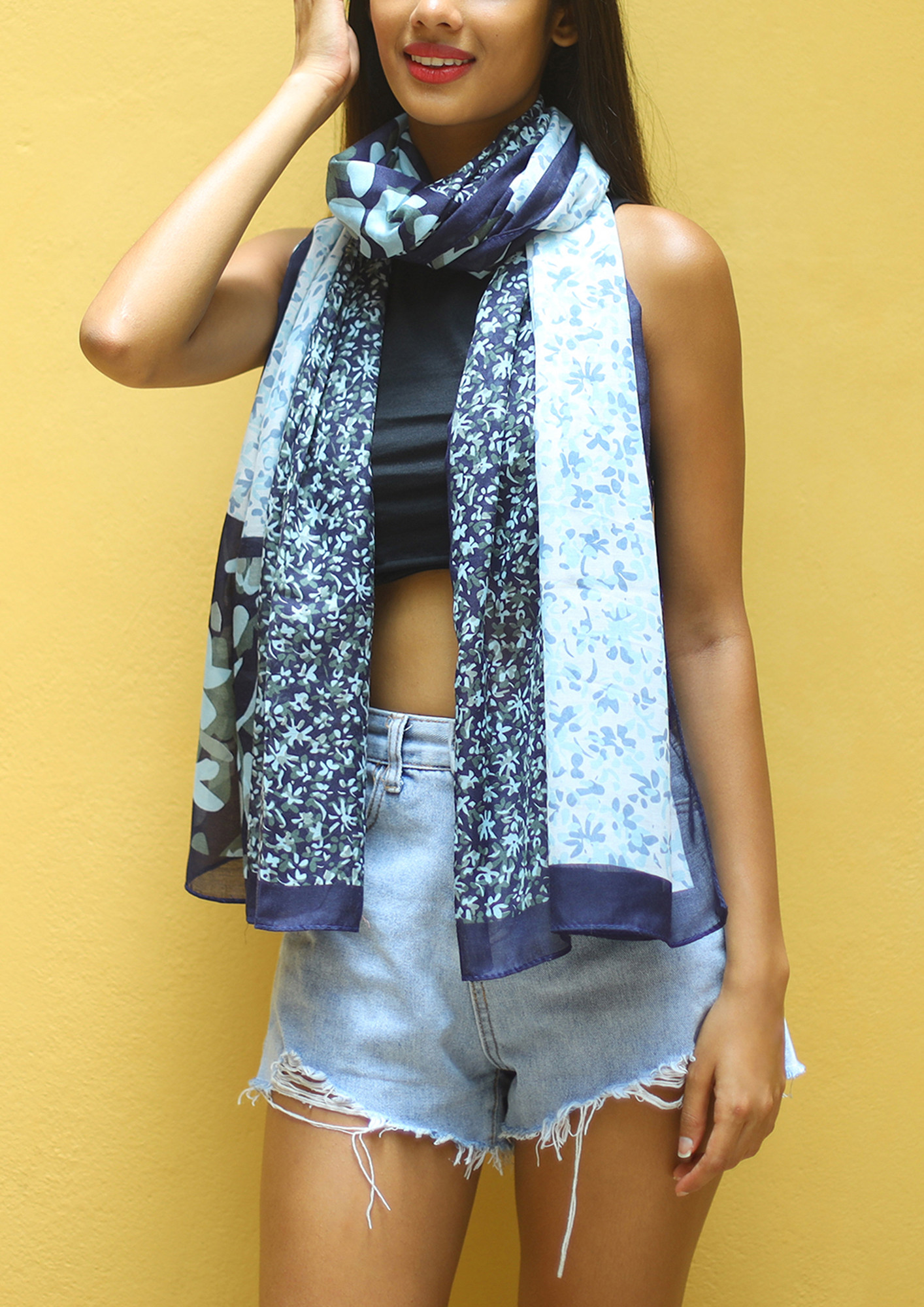 Abstract Floral Printed Navy Blue, Sky Blue & White Poly-Cotton Scarf
