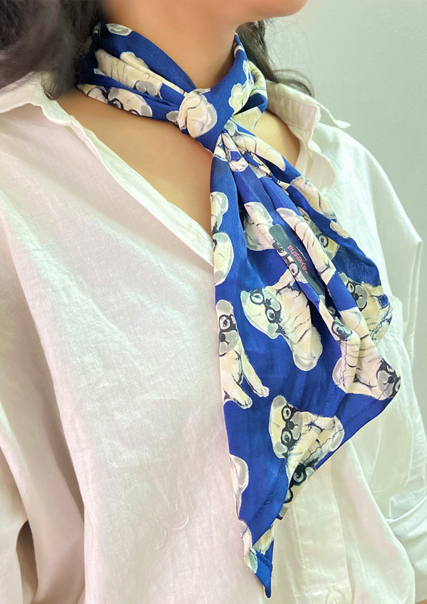 Dog With Glasses Printed Blue Satin Multipurpose Scarf