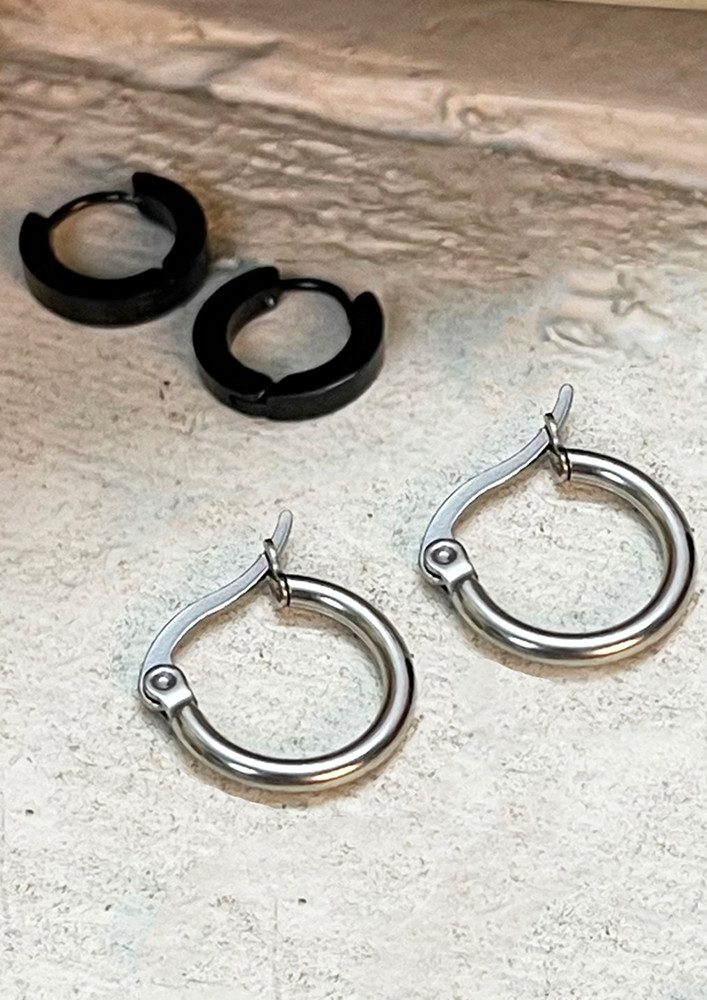 Set Of Seven Unisex Black Mini Studs & Hoop Earrings