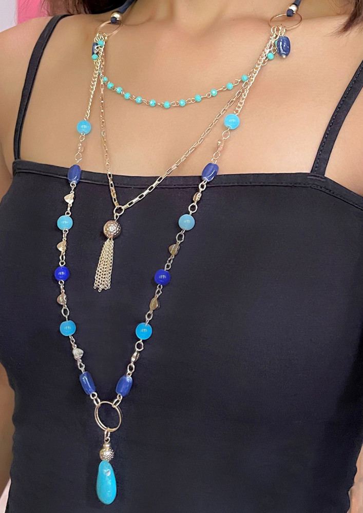 Boho Gold-toned & Blue Beaded Multilayered Long Necklace