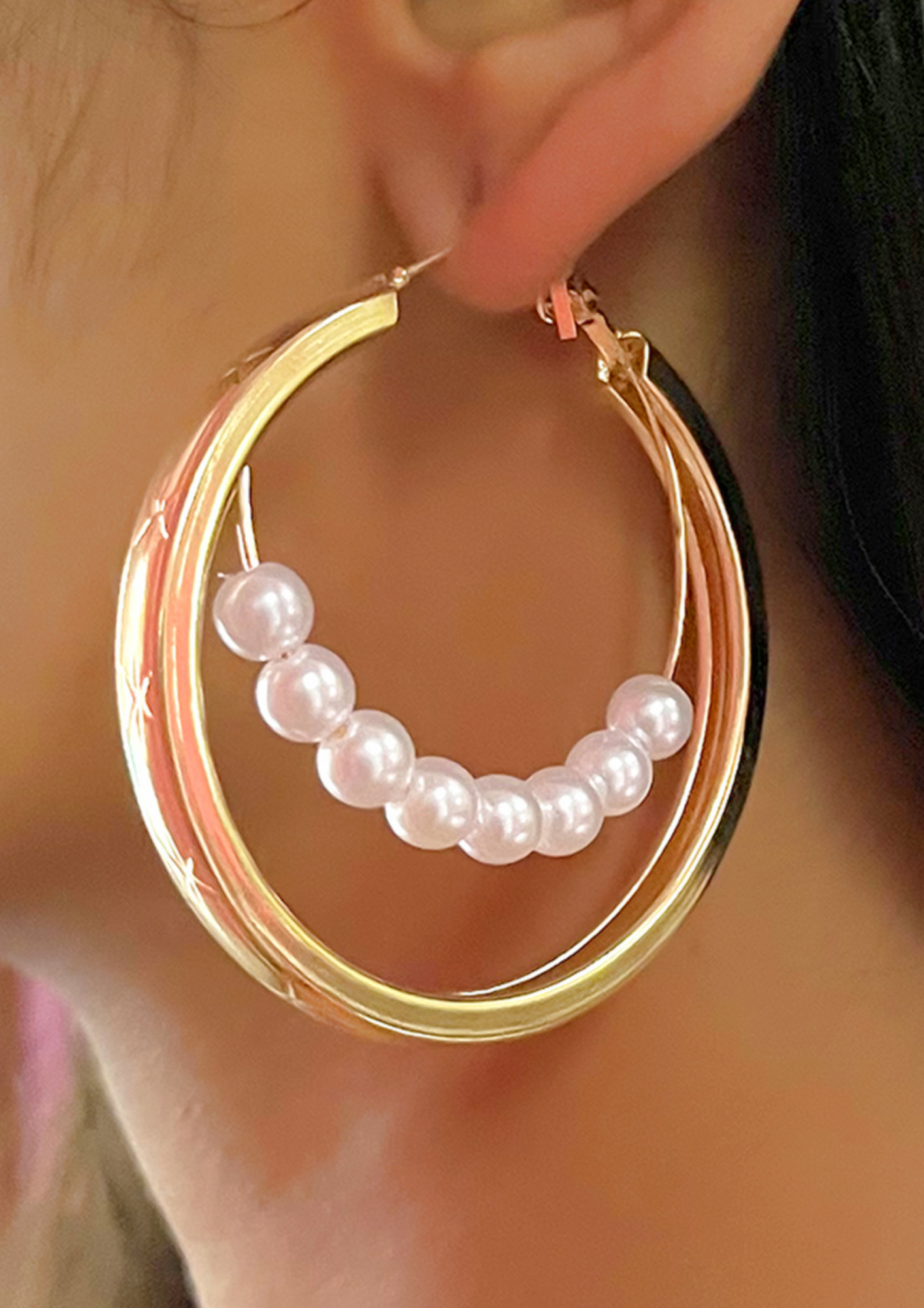 Oversized Pearl Studded Gold-Toned Circular Double Layered Hoop Earrings