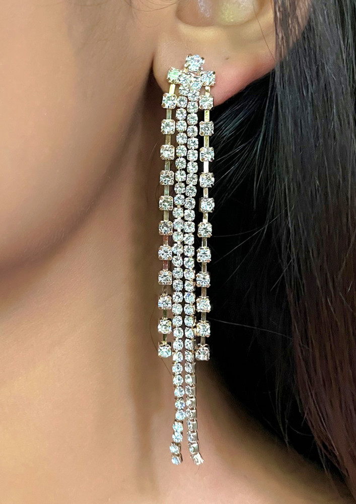 Contemporary White Diamante Crystal Studded Gold-toned Long Tassel Drop Earrings