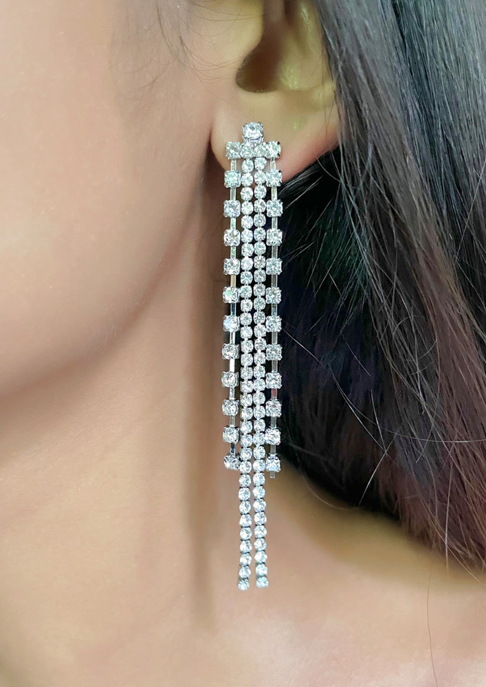 Contemporary White Diamante Crystal Studded Silver-toned Long Tassel Drop Earrings