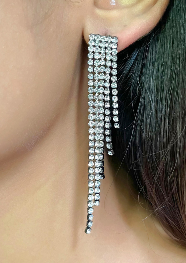 Contemporary White Diamante Crystal Studded Black-toned Asymmetric Tassel Drop Earrings