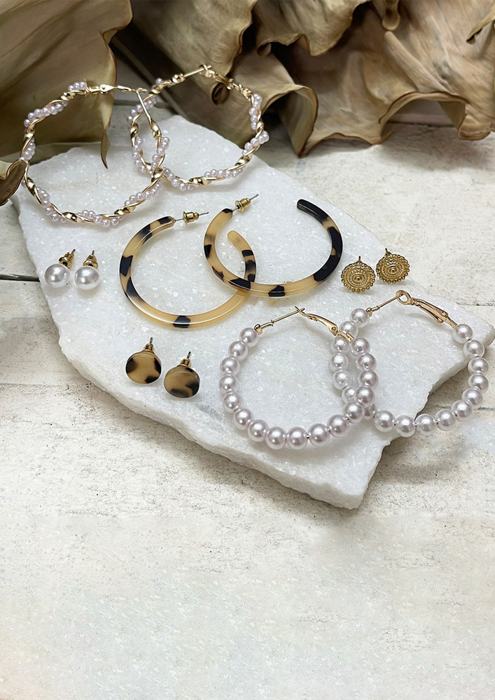 Set Of 6 Gold-toned, Pearl, Animal Tortoise Shell Print Stud & Hoop Earrings