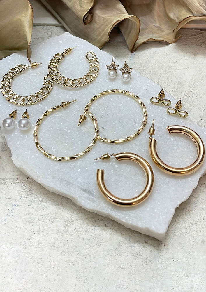Set Of 6 Bold Gold Pearl Stud & Hoop Earrings