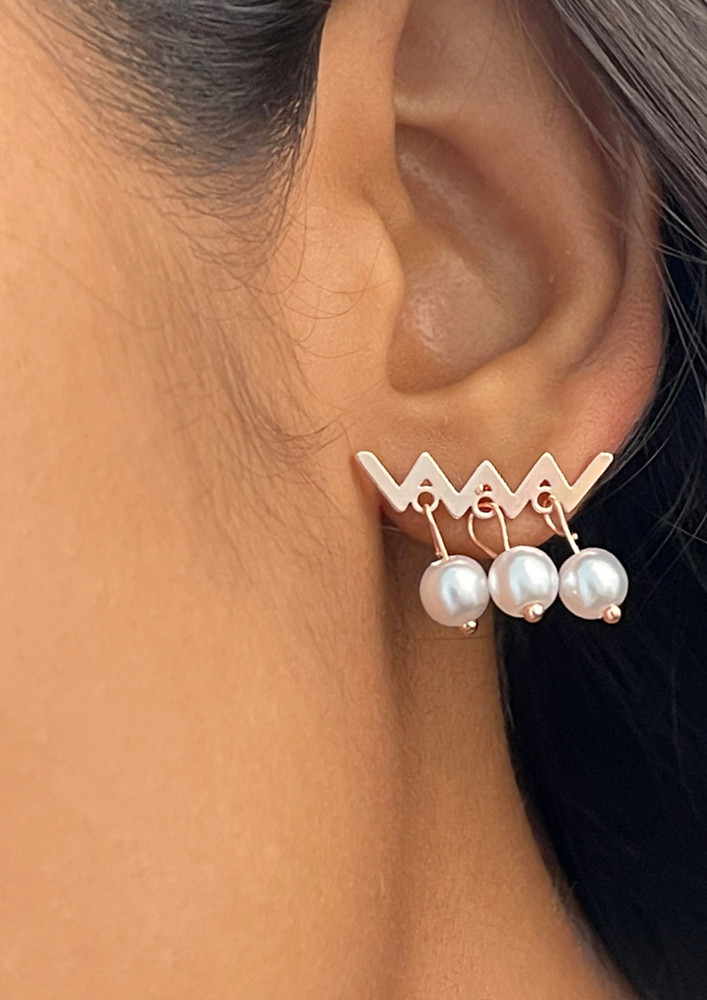 Contemporary Criss-Cross Rose Gold-Toned Short Pearl Drop Earrings