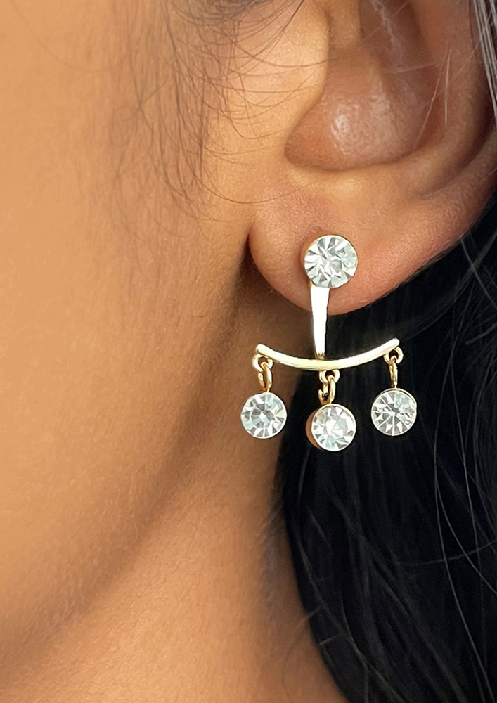 Contemporary White Diamante Crystal Studded Gold-toned Short Drop Earrings