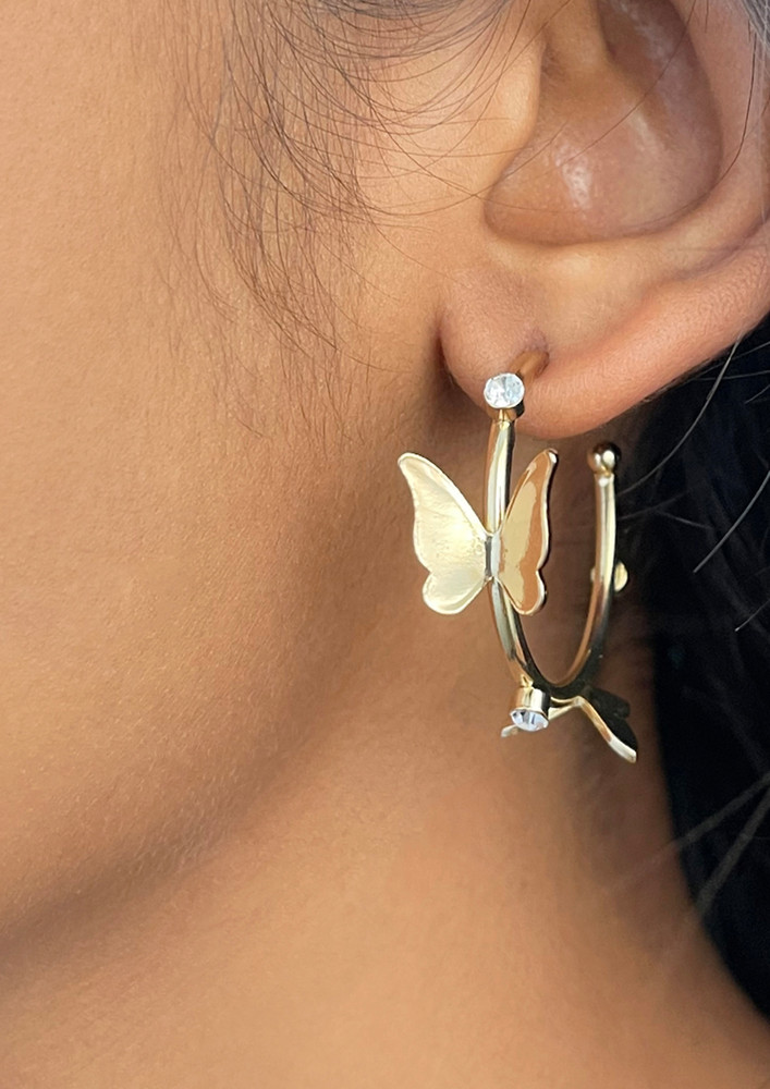 Trendy Gold-toned Butterfly & Diamante Studded Metallic Open-hoop Earrings