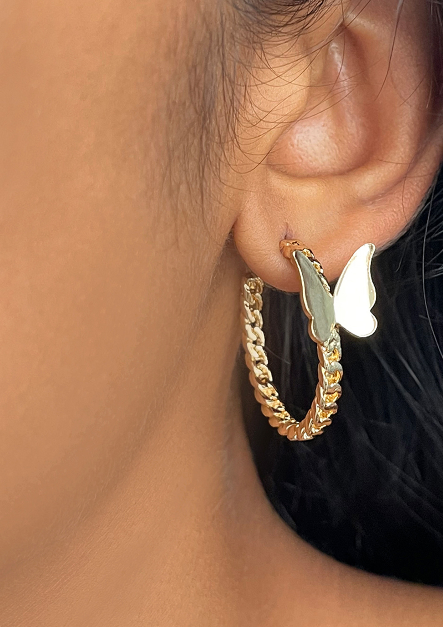 Trendy Gold-Toned Butterfly Studded Metallic Twisted Open-Hoop Earrings