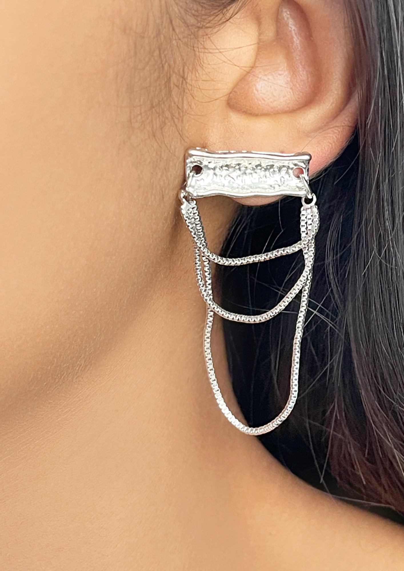 Oversized Textured Silver-Toned Bar & Tassel Drop Earrings