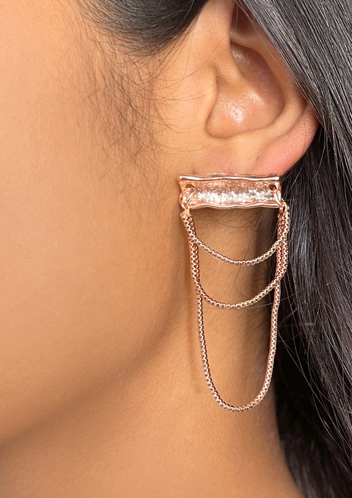 Oversized Textured Rose Gold-toned Bar & Tassel Drop Earrings