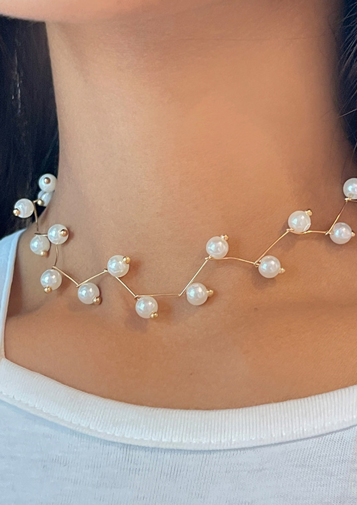 Pearl Studded Criss Cross Gold-Toned Dainty Choker Necklace