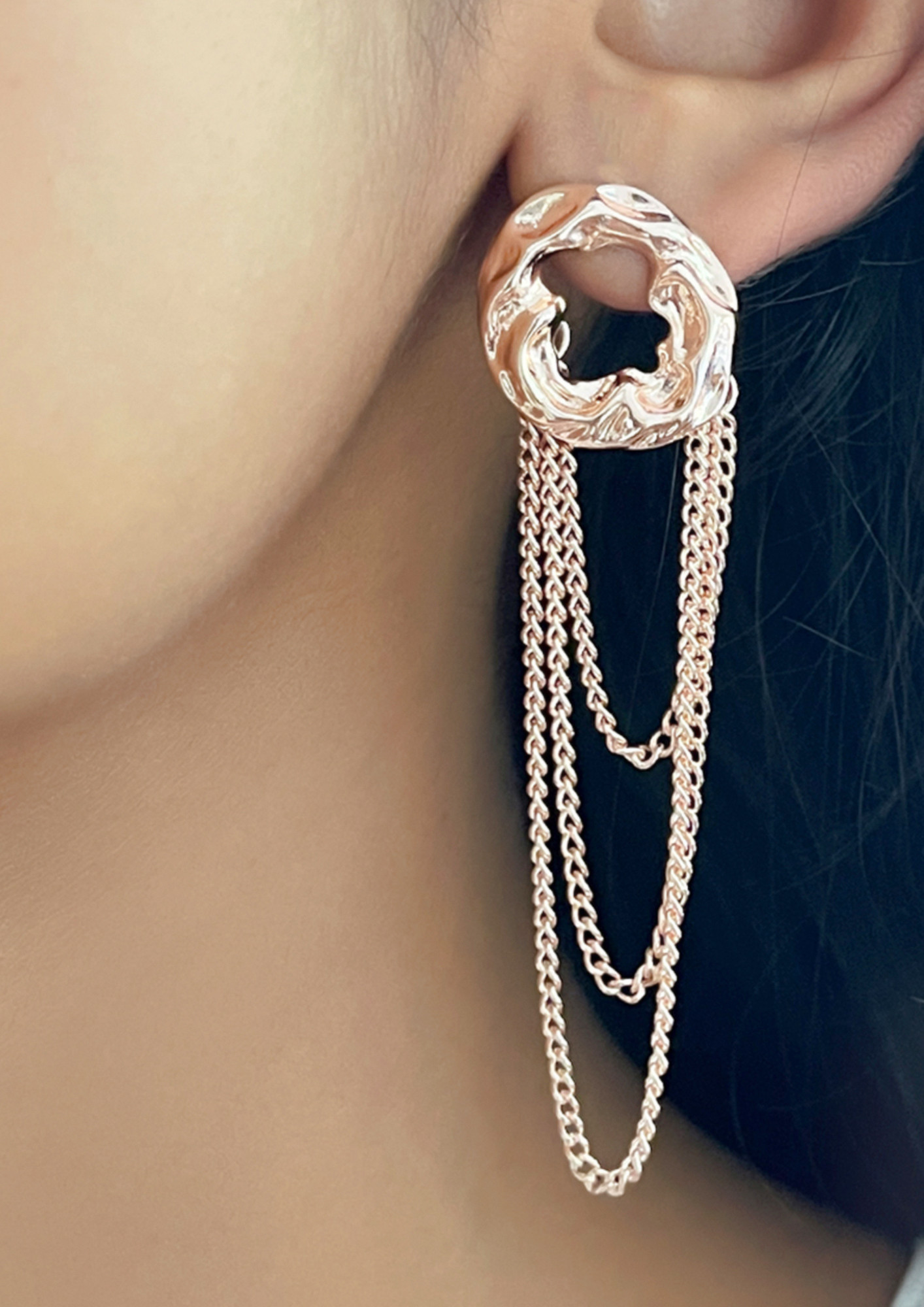 Oversized Hammered Circular Rose Gold-Toned & Tassel Drop Earrings