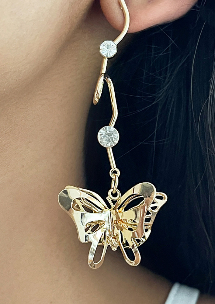 Trendy Gold-toned Butterfly & Diamante Studded Organic Drop Earrings