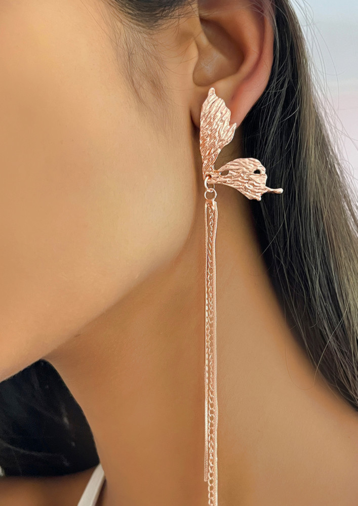 Trendy Rose Gold-toned Butterfly Wing Tassel Long Drop Earrings