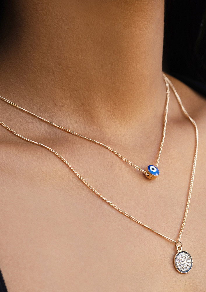 Evil Eye & Diamante Studded Circular Pendant Gold-toned Layered Necklace