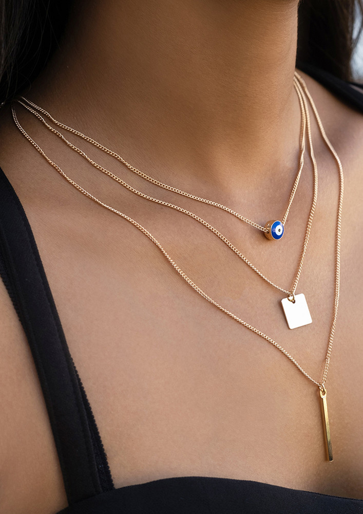 Evil Eye, Square & Bar Charm Pendant Gold-toned Long Layered Necklace
