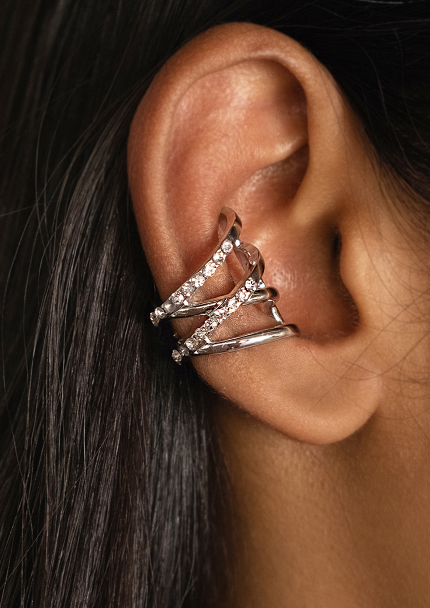Oversized Diamante Studded Metallic Silver Cuff Earrings