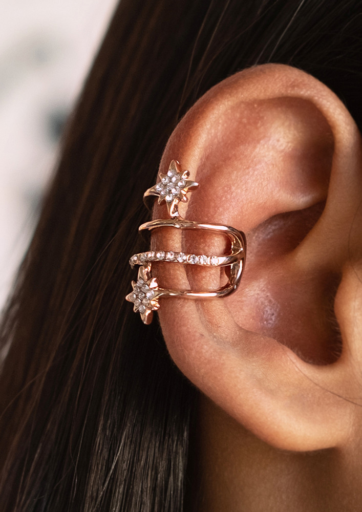 Oversized Diamante Studded Metallic Rose Gold Cuff Earrings