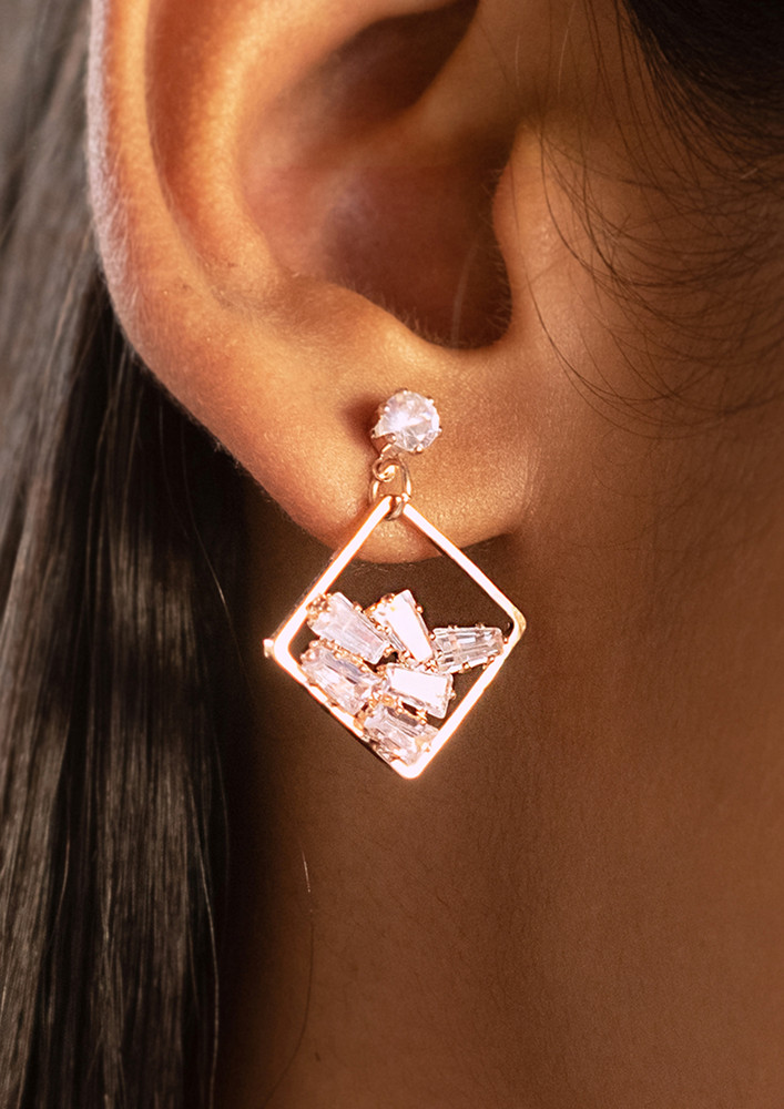 Contemporary Rhinestone Studded Metallic Diamond Shaped Drop Earring