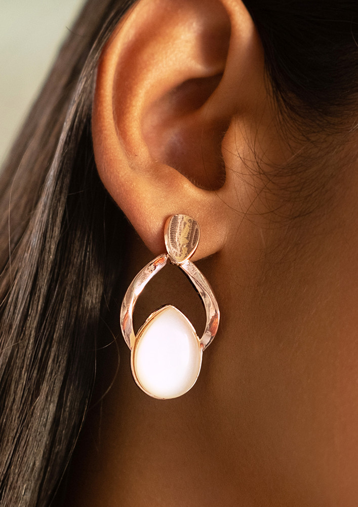 Chunky Bold Stone Studded Oversized Rose Gold-toned Tear Drop Earrings