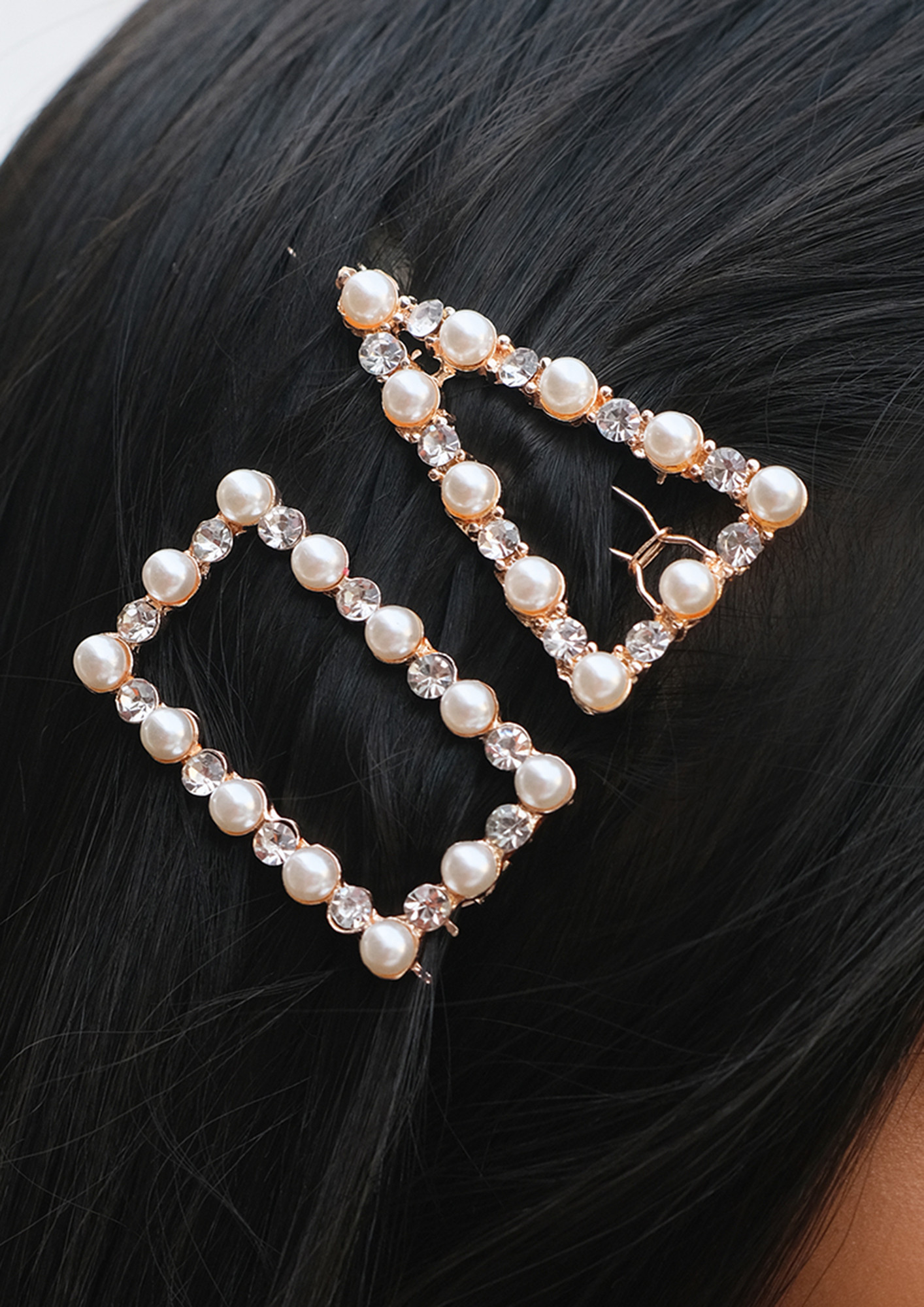 Set Of Two Rose Gold-Toned Triangular & Rectangular Pearl Diamante Studded Hair Clips