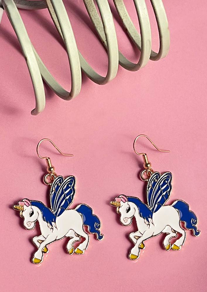 Unicorn Gold-toned Blue & White Hook Drop Earrings