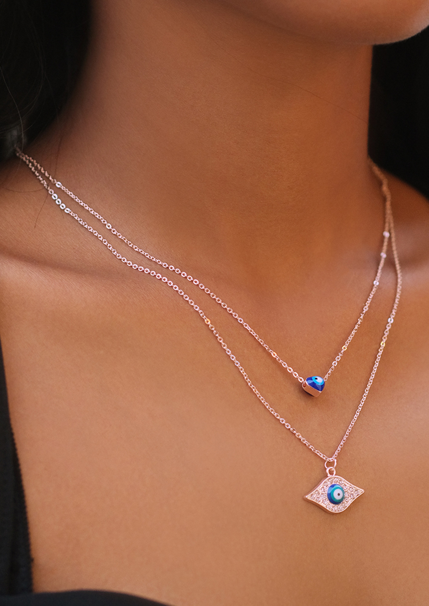 Evil Eye & Diamante Studded Heart & Eye Shaped Pendant Rose Gold-Toned Layered Necklace