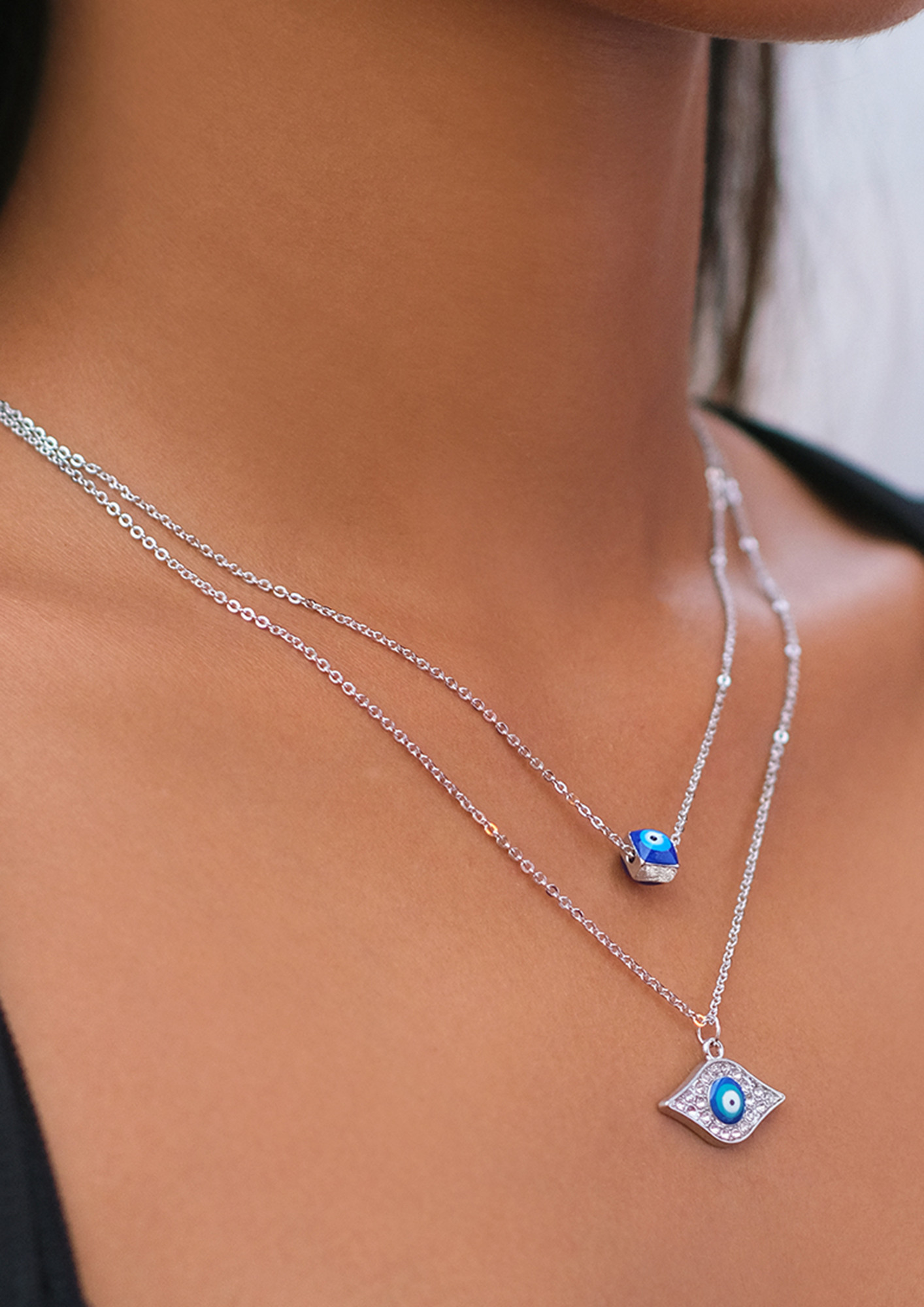 Evil Eye & Diamante Studded Heart & Eye Shaped Pendant Silver-Toned Layered Necklace