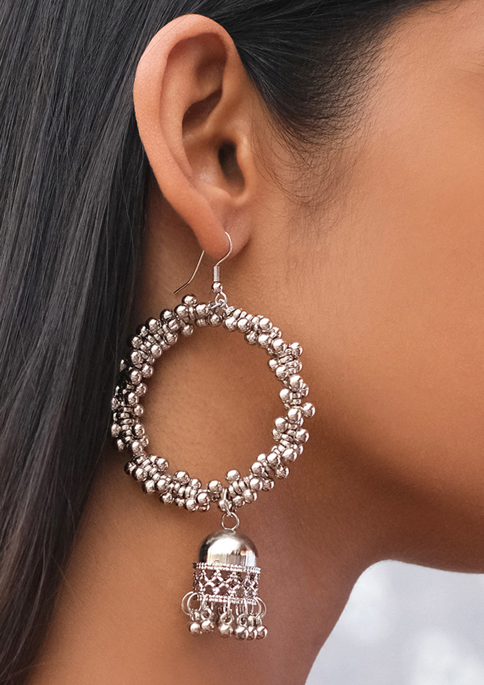 Oversized Handcrafted Ethnic Silver-toned Ghungroo Circular Jhumki Drop Earrings