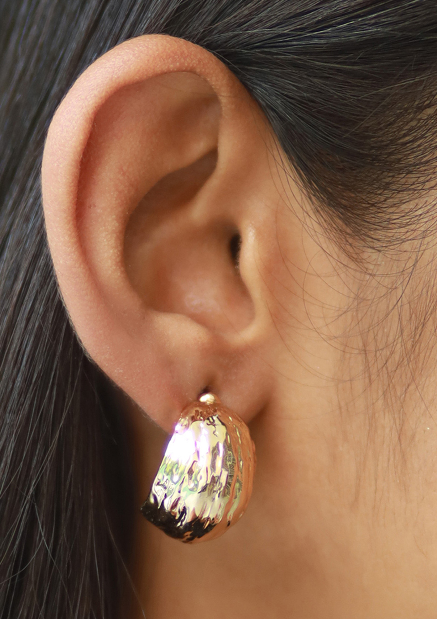 Contemporary Bold Gold-Toned Textured Organic Metallic Mini Open-Hoop Earrings