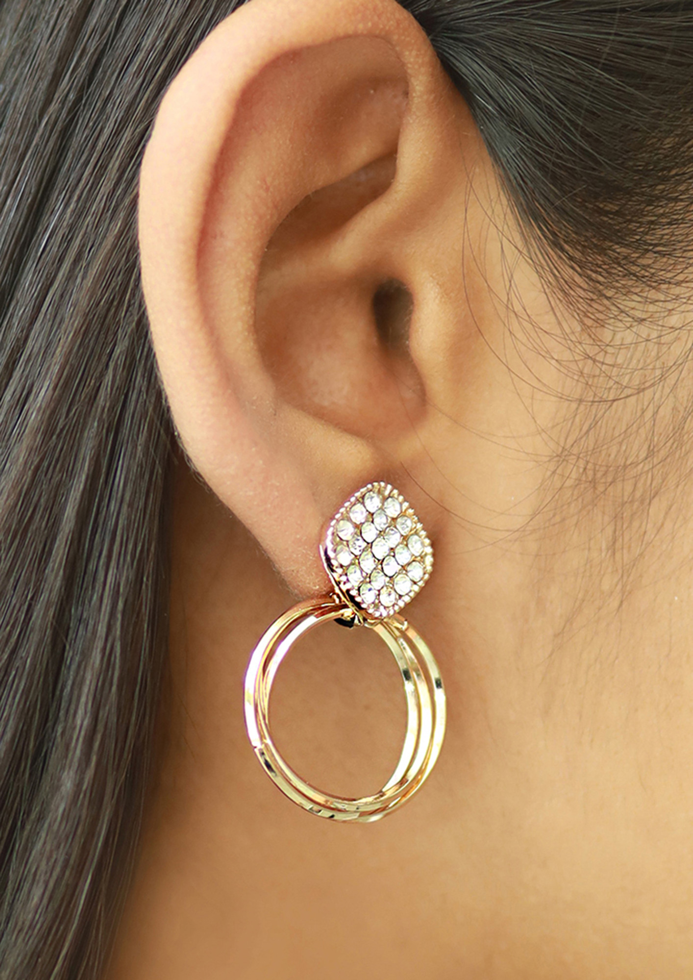 Contemporary Rhinestone Studded Diamond & Metallic Circular Drop Earrings