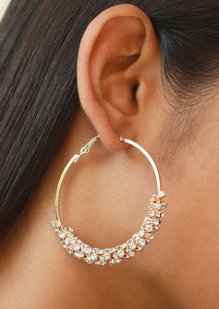Trendy Gold-toned Rhinestone Studded Oversized Hoop Earrings