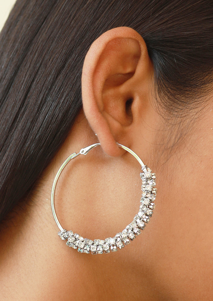 Trendy Silver-toned Rhinestone Studded Oversized Hoop Earrings