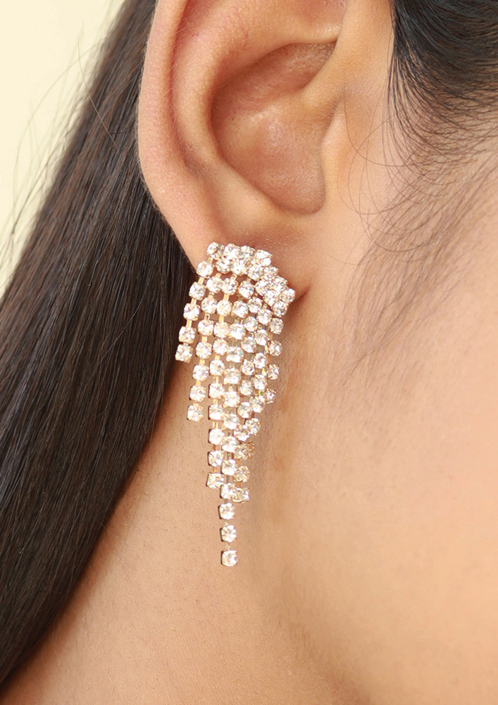 Contemporary White Diamante Crystal Studded Gold-toned Tassel Drop Earrings