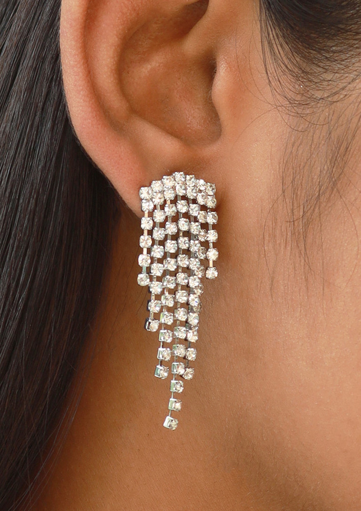 Contemporary White Diamante Crystal Studded Silver-toned Tassel Drop Earrings
