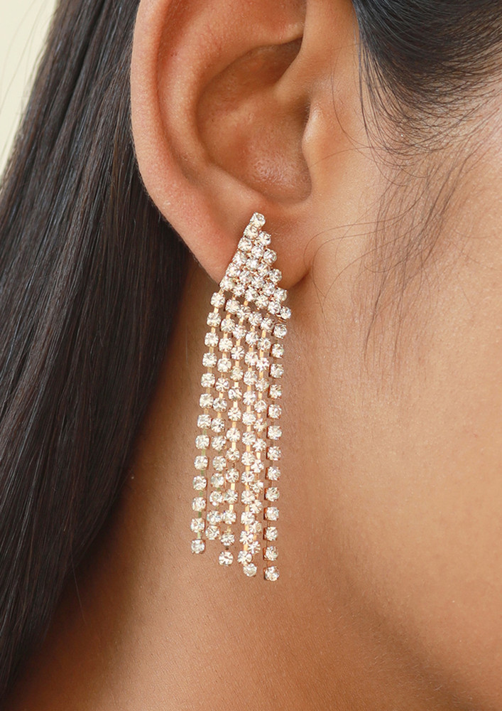 Contemporary White Diamante Crystal Studded Gold-toned Triangular Tassel Drop Earrings