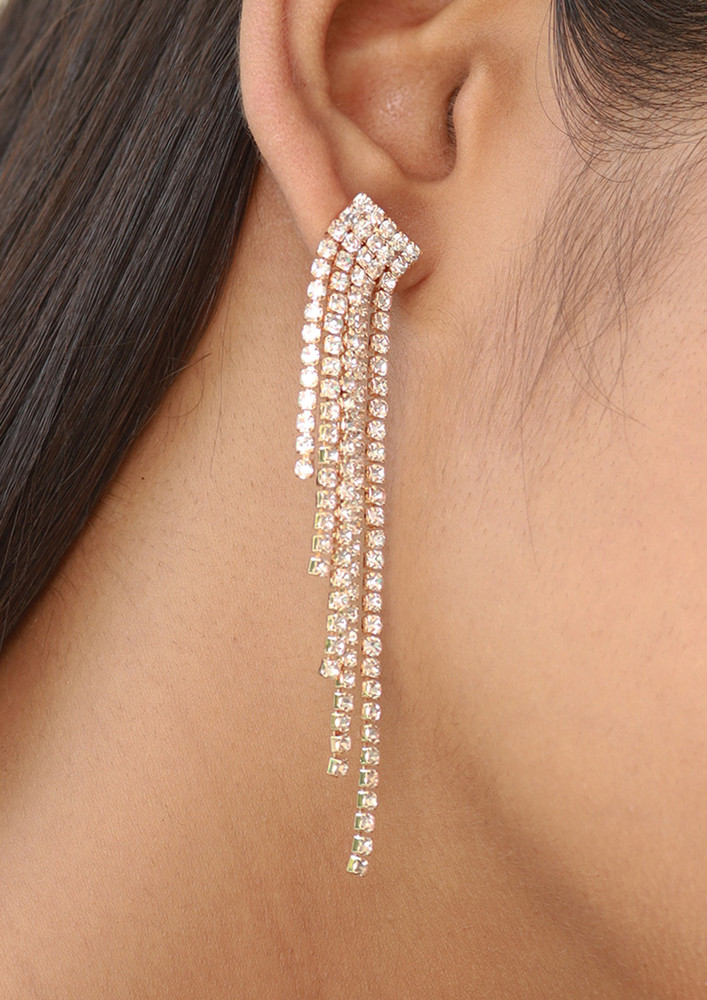 Contemporary White Diamante Crystal Studded Long Asymmetric Tassel Drop Gold-toned Earrings