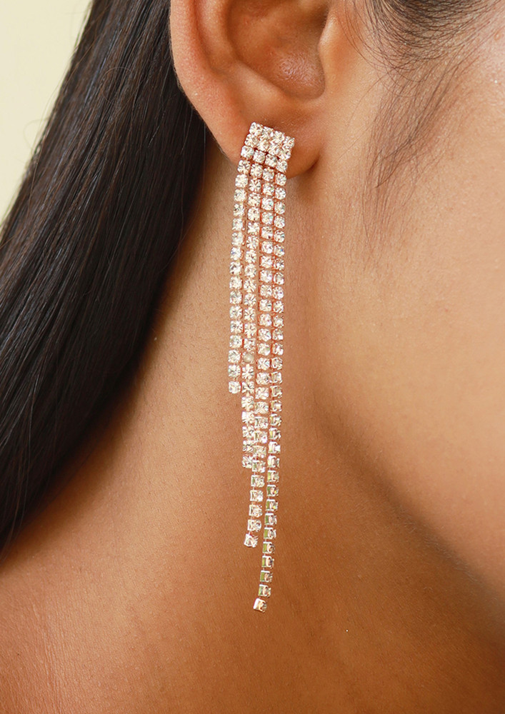 Contemporary White Diamante Crystal Studded Rose Gold-toned Long Asymmetric Tassel Drop Earrings