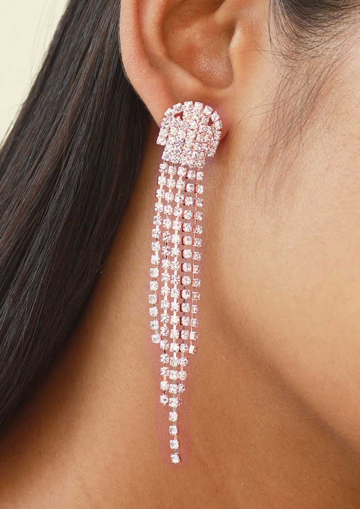 Contemporary White Diamante Crystal Studded Long Tassel Drop Rose Gold-toned Earrings