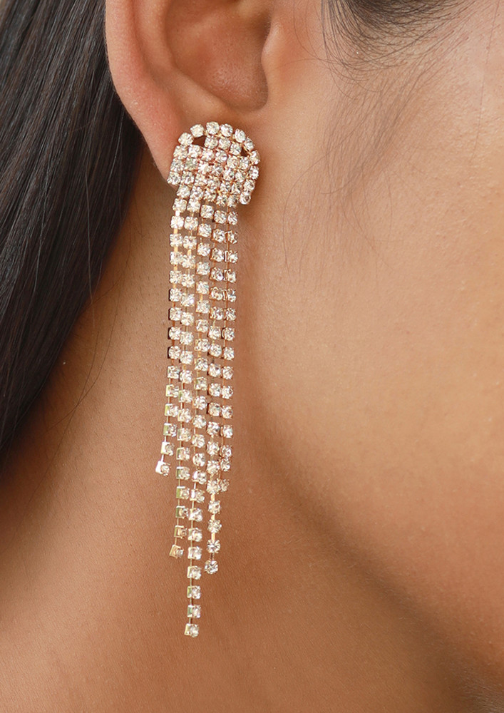 Contemporary White Diamante Crystal Studded Long Tassel Drop Gold-toned Earrings