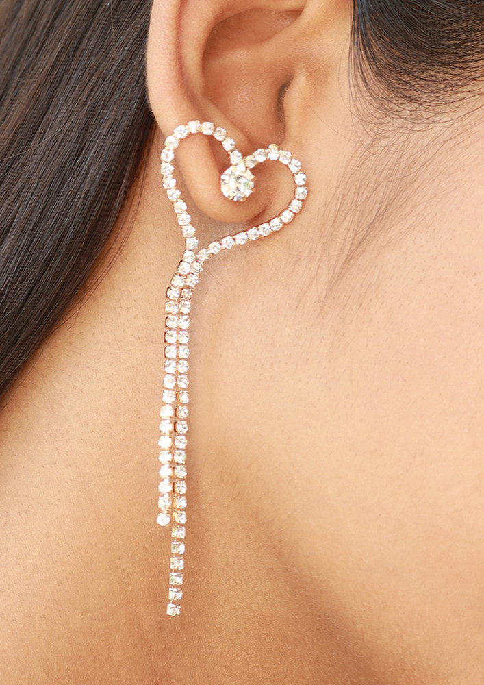 Heart White Diamante Crystal Studded Gold-toned Long Tassel Drop Earrings